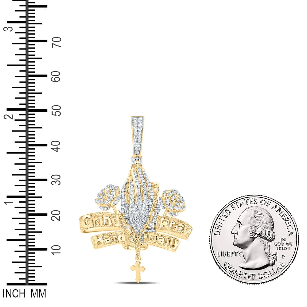 0.91 Ctw Natural Diamond Praying Hand Grind Pray Hard Daily Pendant in 10k Yellow Gold