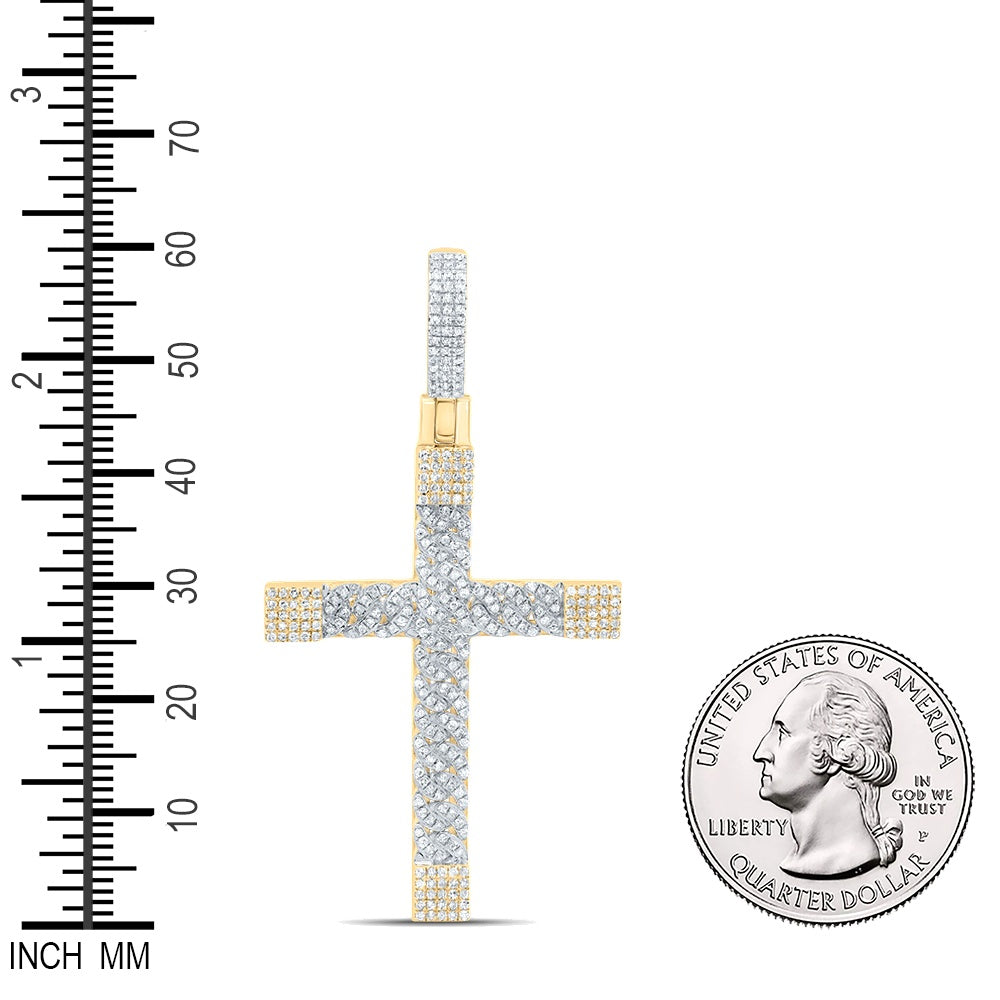 0.84 Ctw Natural Diamond Cluster Cross Religious Pendant in 10k Yellow Gold