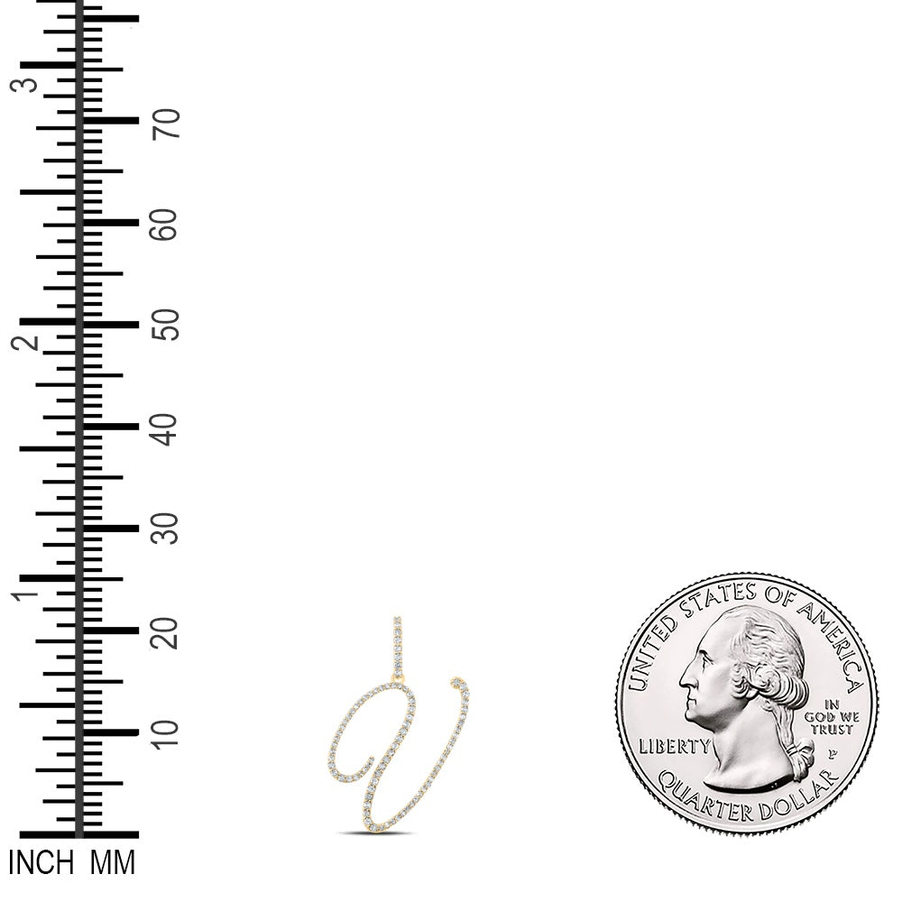 0.45 Ctw Natural Diamond Cursive Initial Letter V Pendant in 14k Yellow Gold