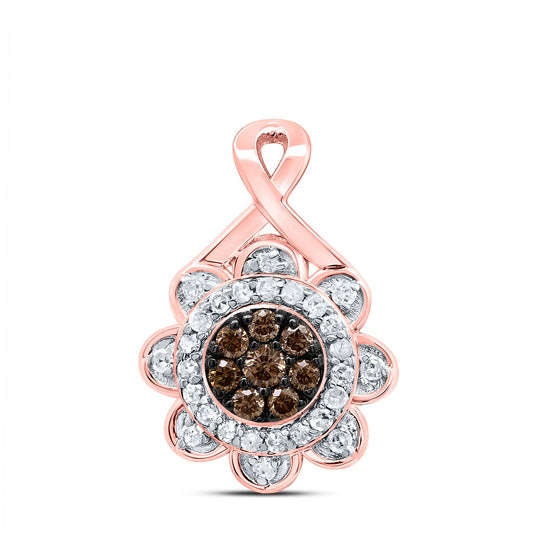0.2 Ctw Natural Diamond Brown Flower Fashion Pendant in 10k Rose Gold