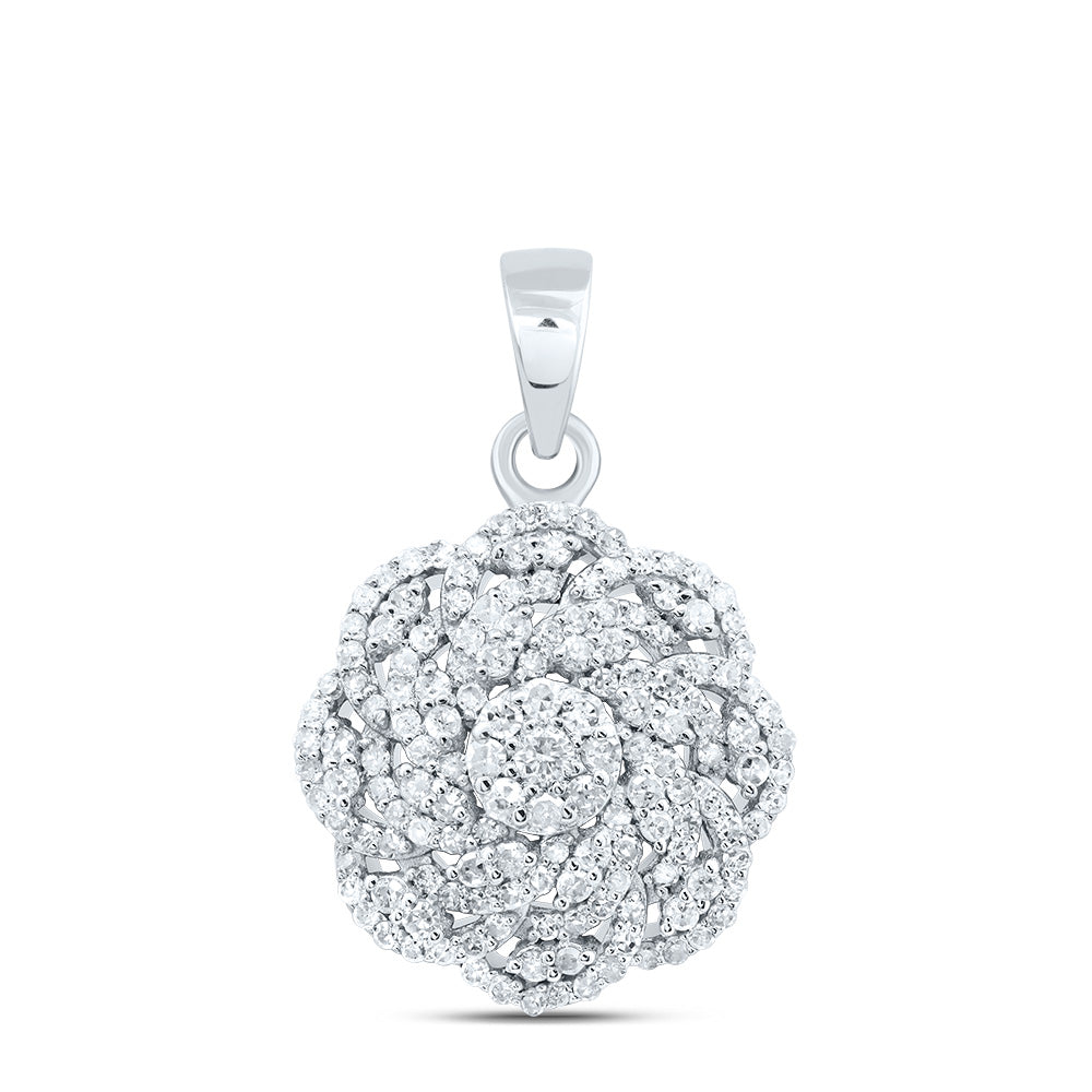 0.48 Ctw Natural Diamond Flower Round Cluster Pendant in 10k White Gold