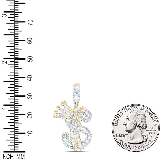 1.51 Ctw Natural Diamond Crown Dollar Sign Baguette Pendant in 10k Yellow Gold