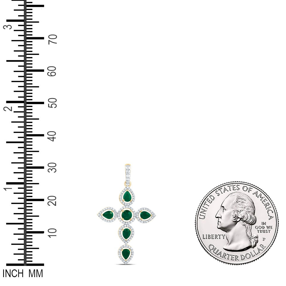 1.31 Ctw Natural Diamond Green White Cross Pendant in 14k Yellow Gold