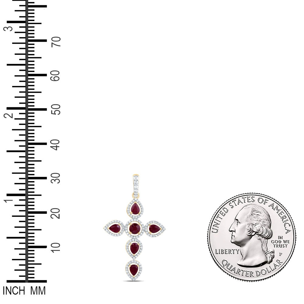 1.75 Ctw Natural Diamond Red White Cross Pendant in 14k Yellow Gold