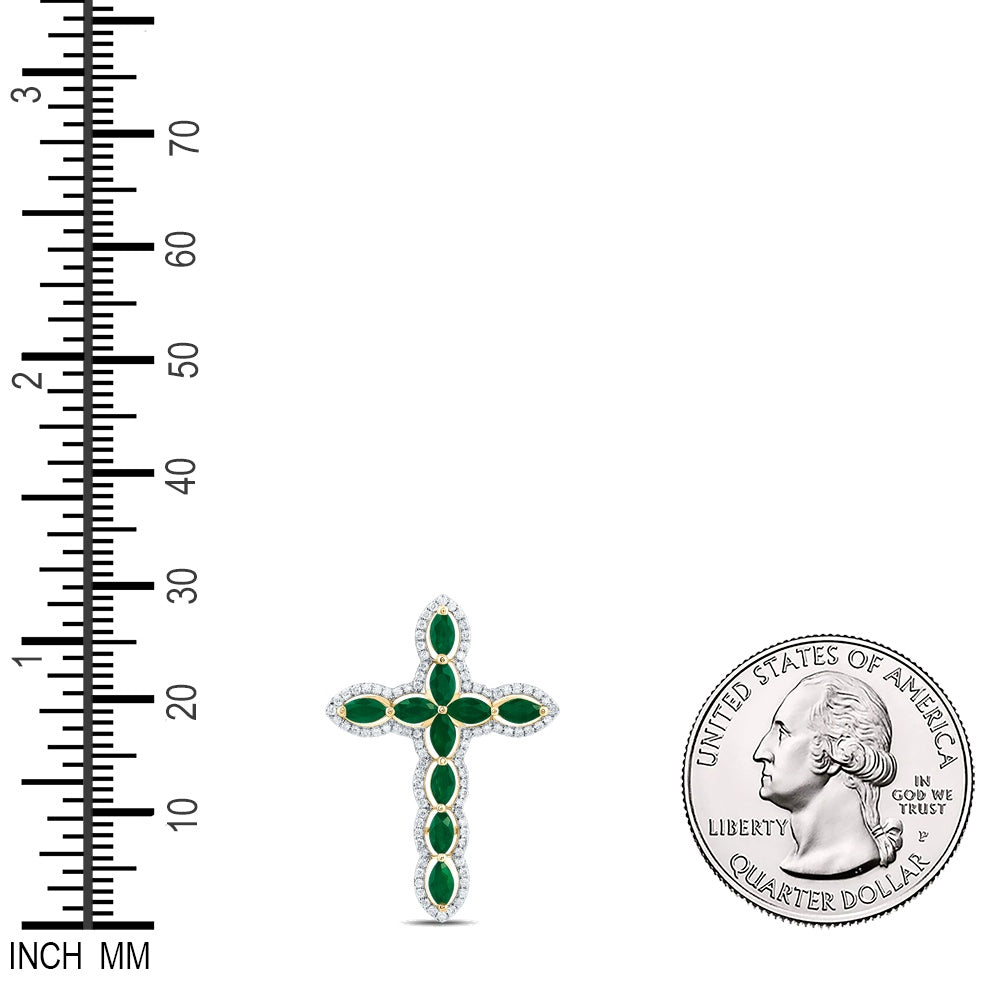 0.98 Ctw Natural Diamond Green White Cross Pendant in 14k Yellow Gold