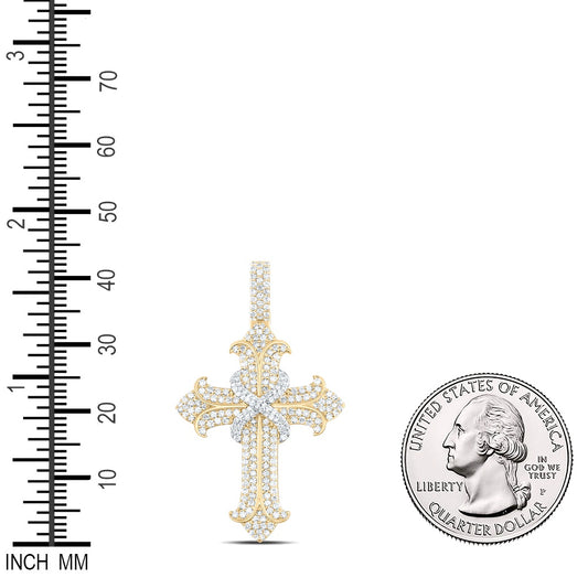 2.03 Ctw Natural Diamond Cluster Hiphop Cross Religious Pendant in 10k Yellow Gold