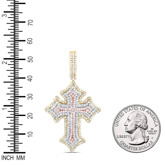 1.78 Ctw Natural Diamond Cluster Cross Religious Pendant in 10k Tri-Tone Gold