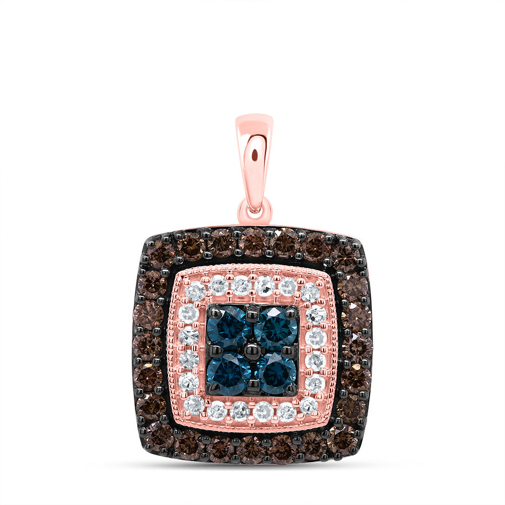 0.77 Ctw Natural Diamond Brown Blue Center Square Pendant in 10k Rose Gold