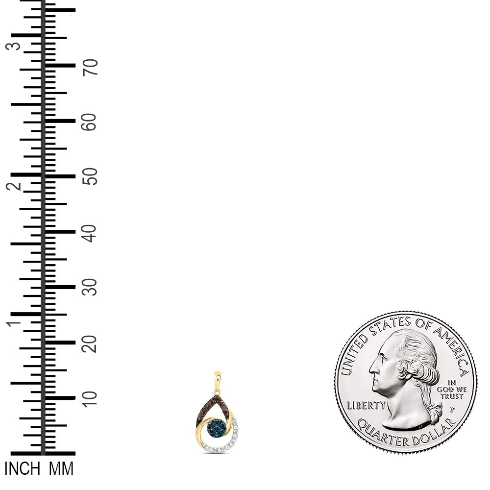 0.35 Ctw Natural Diamond Brown Blue Teardrop Pendant in 10k Yellow Gold