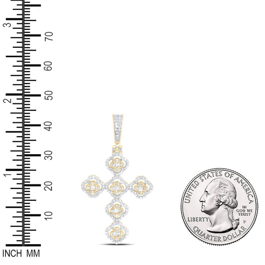 0.75 Ctw Natural Diamond Foral Cross Religious Pendant in 10k Yellow Gold