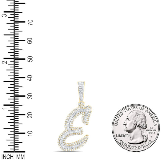 0.76 Ctw Natural Diamond Cursive Initial Letter Alphabet E Pendant in 10k Yellow Gold