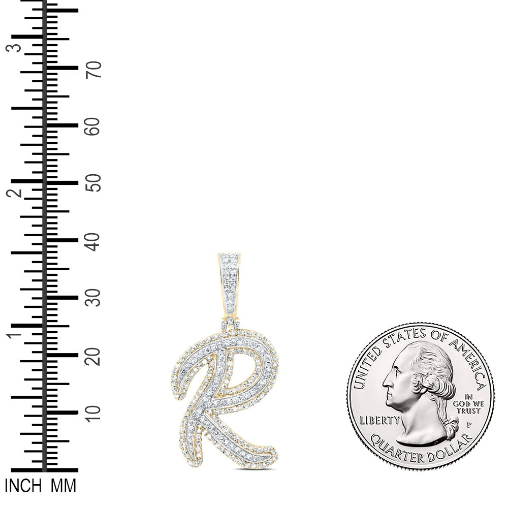 0.86 Ctw Natural Diamond Cursive Initial Letter Alphabet R Pendant in 10k Yellow Gold