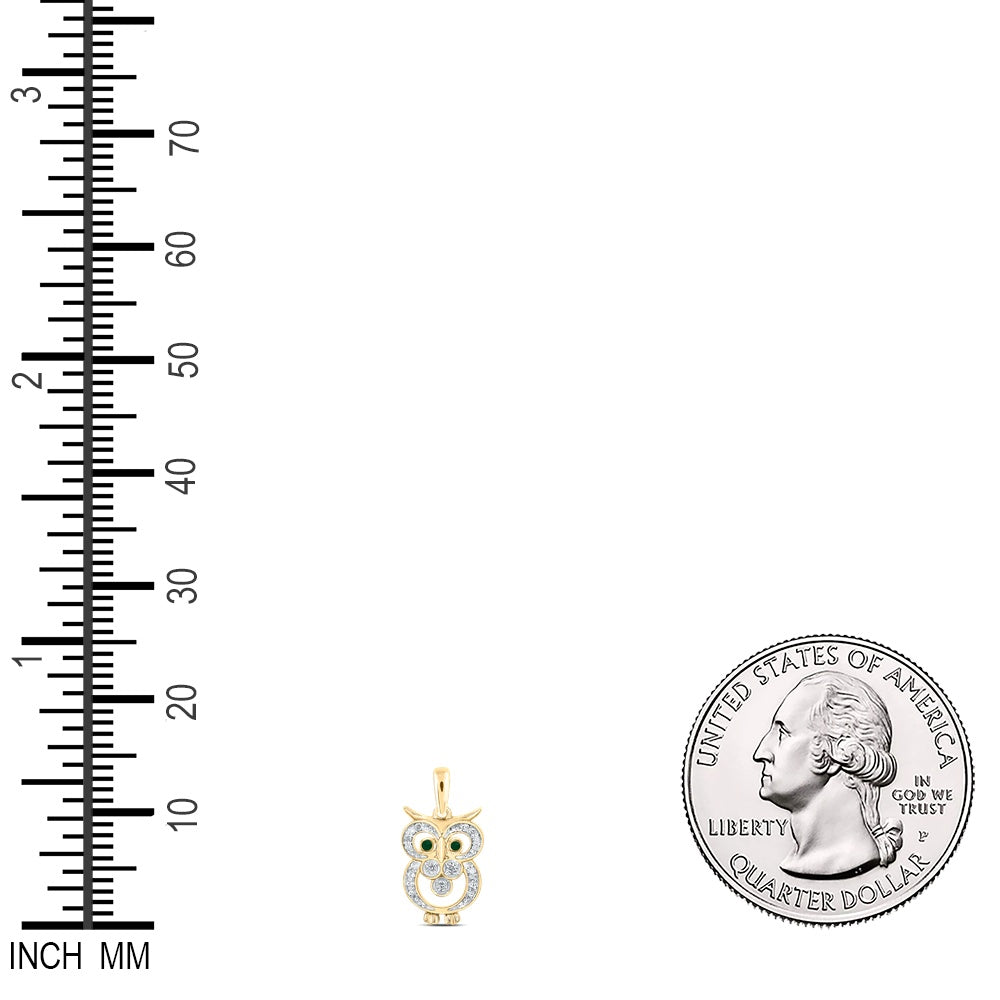 0.11 Ctw Natural Diamond Black Eyes Owl Goodluck Pendant in 10k Yellow Gold