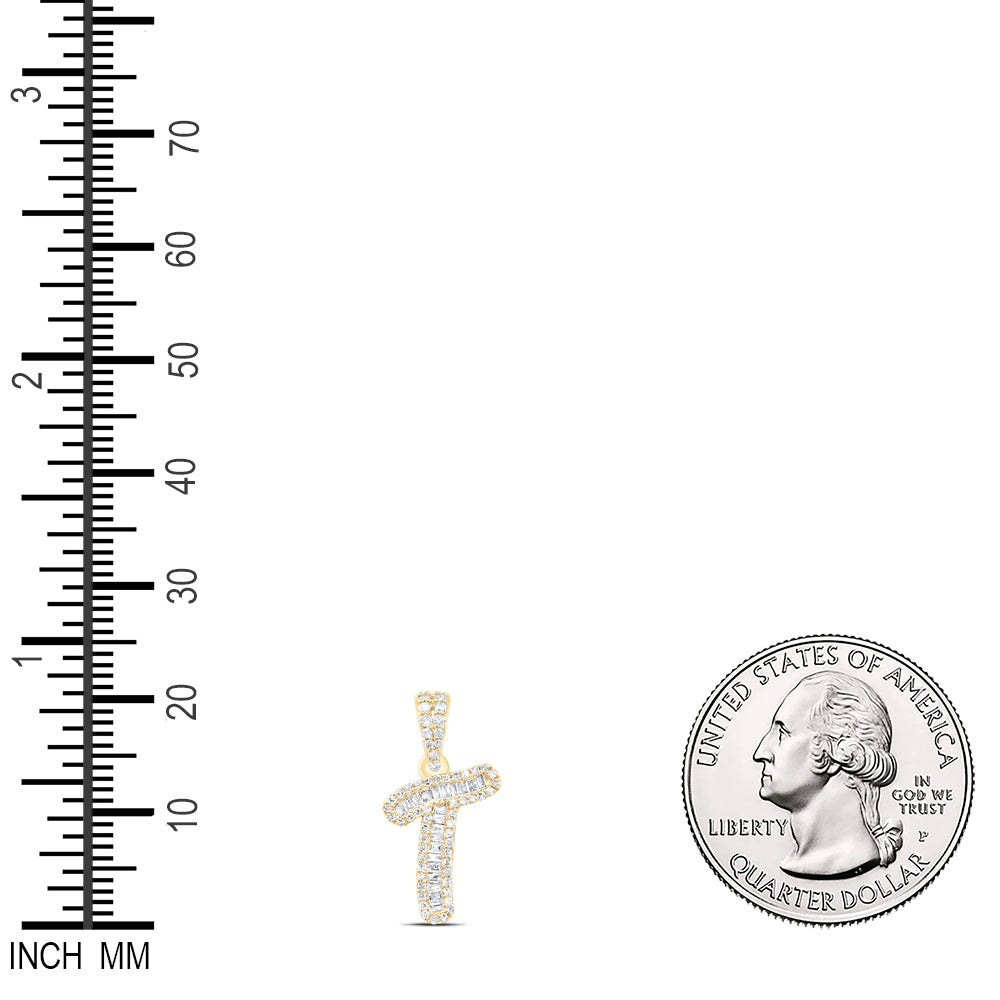 0.27 Ctw Natural Diamond Bagguette Initial Letter T Pendant in 10k Yellow Gold