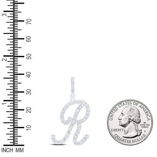 0.19 Ctw Natural Diamond Cursive Initial Letter Alphabet R Pendant in Sterling Silver