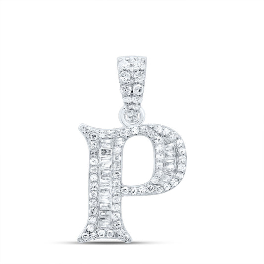 0.27 Ctw Natural Diamond Baguette Initial Letter P Pendant in 10k White Gold