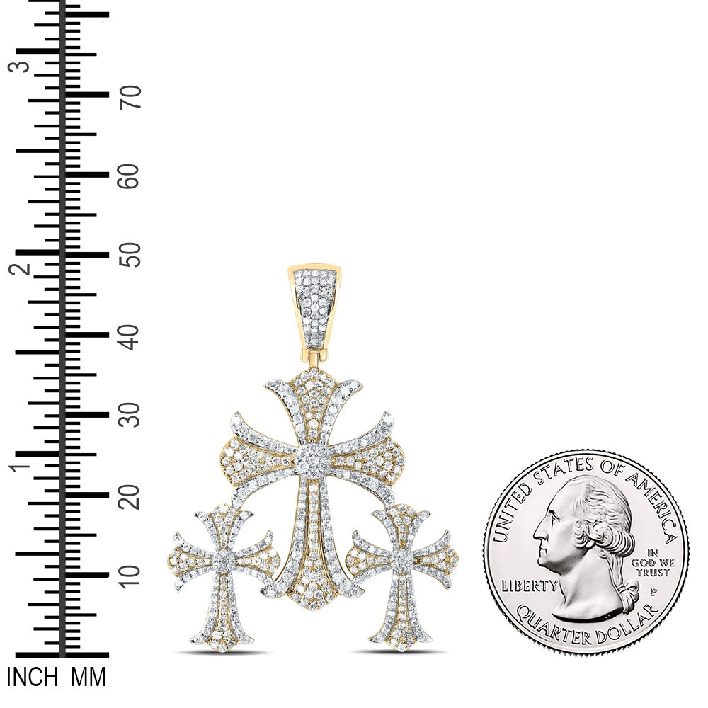 1.55 Ctw Natural Diamond 3 Three Cross Religious Pendant in 10k Yellow Gold