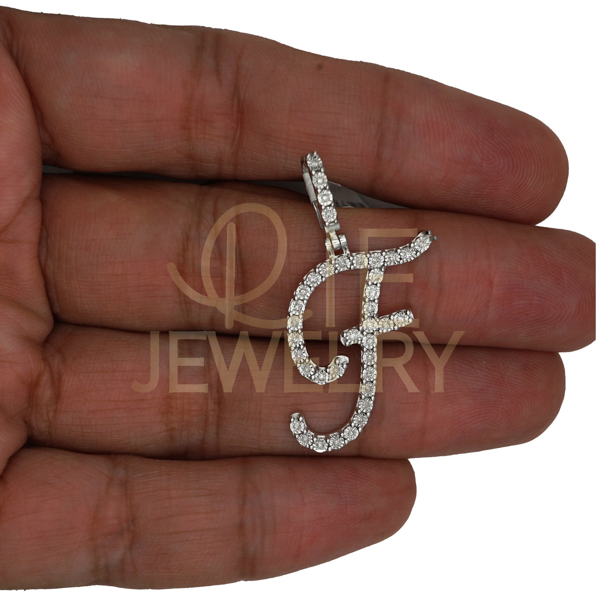 0.14 Ctw Natural Diamond Cursive Initial Letter F Pendant in 925 Sterling Silver