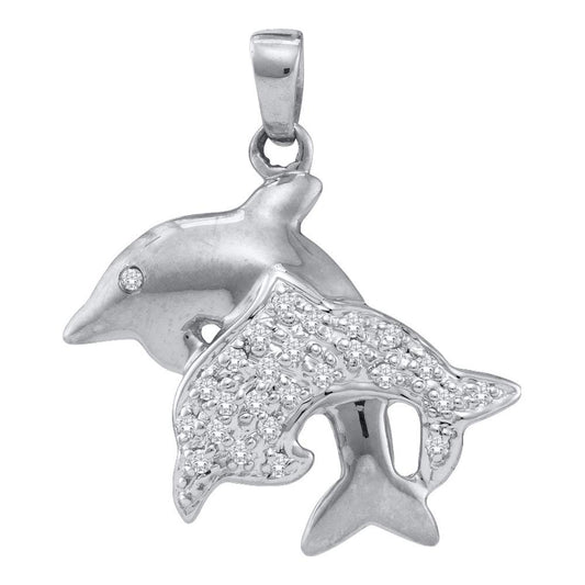 0.13 Ctw Natural Diamond Mother Child Dolphin Pendant in 10k White Gold