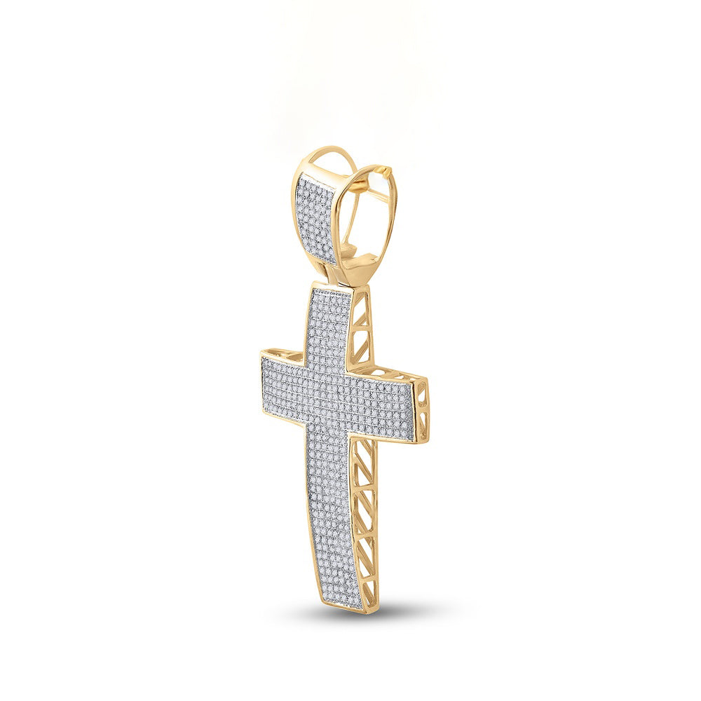 0.95 Ctw Natural Diamond Cluster Cross Religious Charm Pendant in 10k Yellow Gold