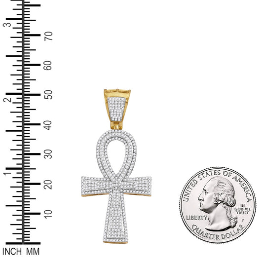 1 Ctw Natural Diamond Ankh Charm Pendant in 10k Yellow Gold