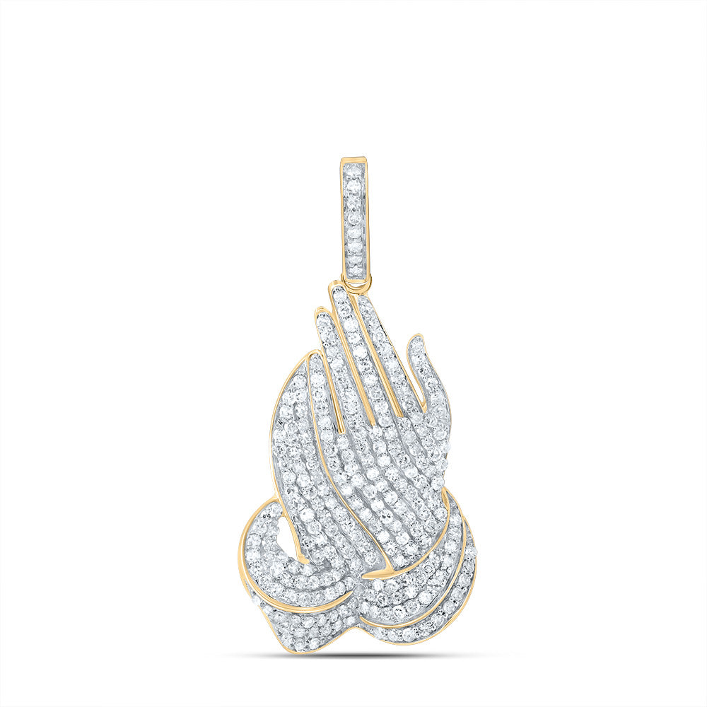 0.91 Ctw Natural Diamond Praying Hand Cluster Religious Pendant in 10k Yellow Gold