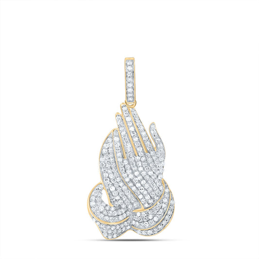 0.91 Ctw Natural Diamond Praying Hand Cluster Religious Pendant in 10k Yellow Gold