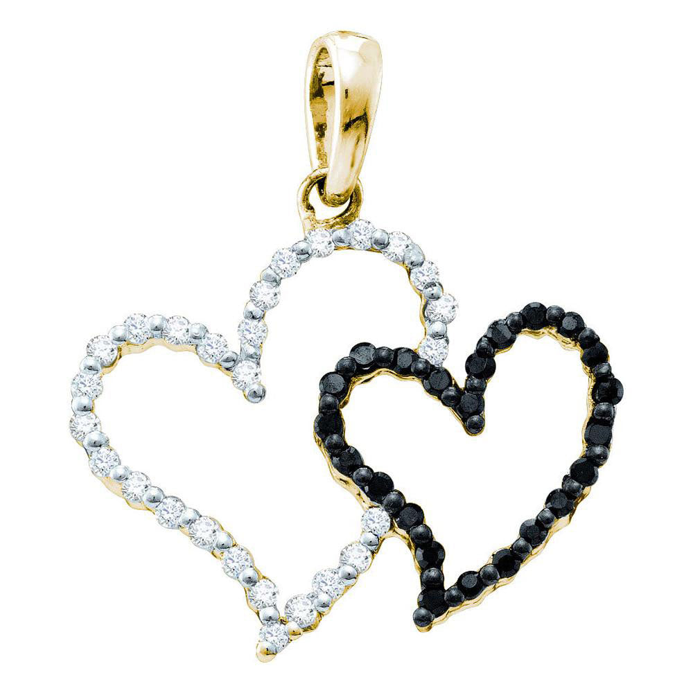 0.16 Ctw Natural Diamond White Black Open Heart Pendant in 10k Yellow Gold