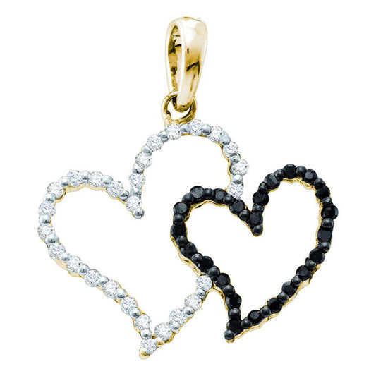 0.16 Ctw Natural Diamond White Black Open Heart Pendant in 10k Yellow Gold