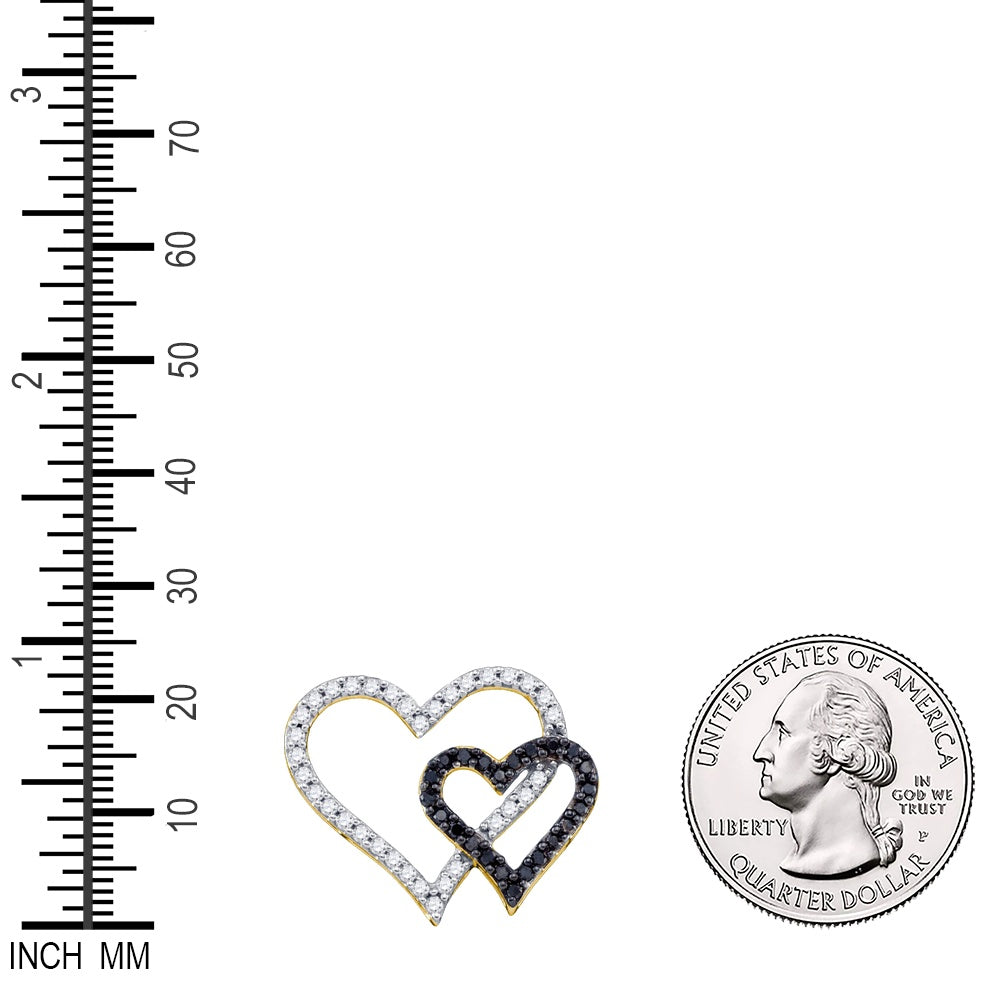 0.53 Ctw Natural Diamond White Black Open Double Heart Pendant in 10k Yellow Gold