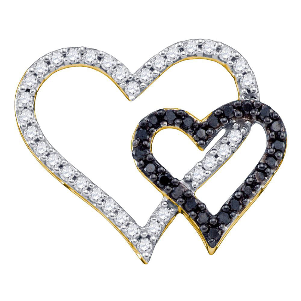 0.53 Ctw Natural Diamond White Black Open Double Heart Pendant in 10k Yellow Gold
