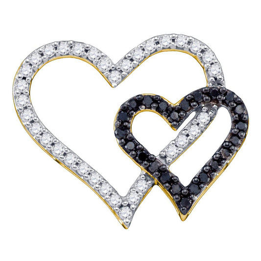 0.53 Ctw Natural Diamond White Black Open Double Heart Pendant in 10k Yellow Gold