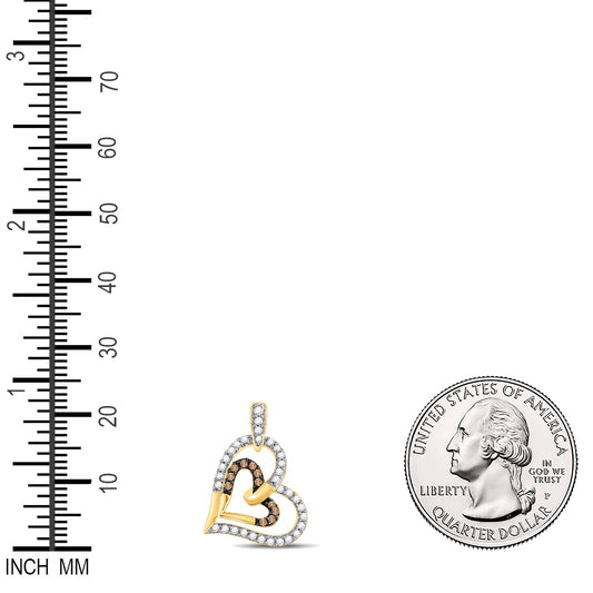 0.31 Ctw Natural Diamond Brown White Double Open Heart Pendant in 10k Yellow Gold