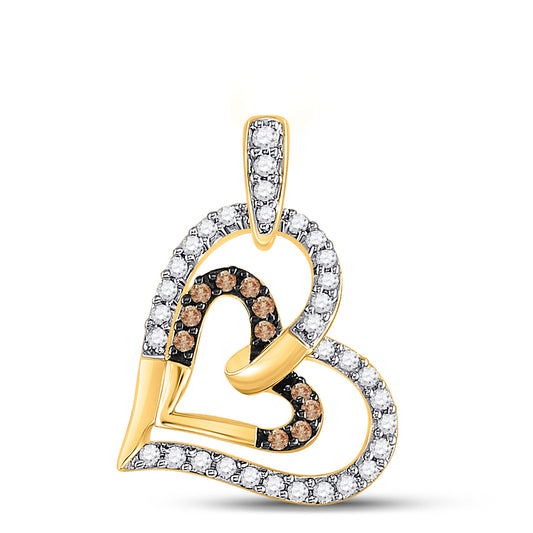 0.31 Ctw Natural Diamond Brown White Double Open Heart Pendant in 10k Yellow Gold