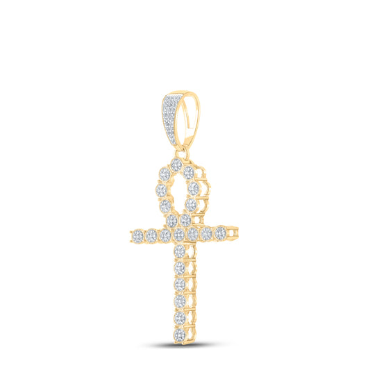 0.58 Ctw Natural Diamond Floral Ankh Pendant in 10k Yellow Gold