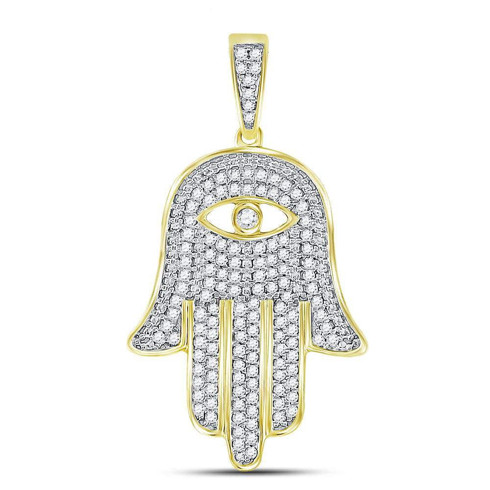 0.53 Ctw Natural Diamond Evil Eye Hamza Pendant in 10k Yellow Gold