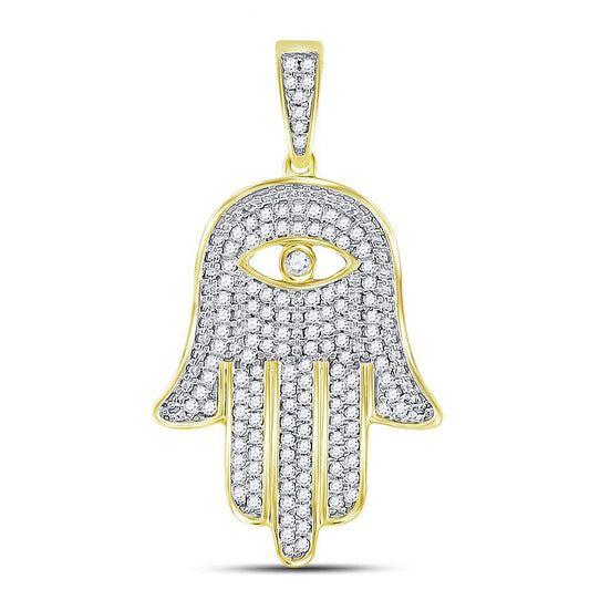0.53 Ctw Natural Diamond Evil Eye Hamza Pendant in 10k Yellow Gold