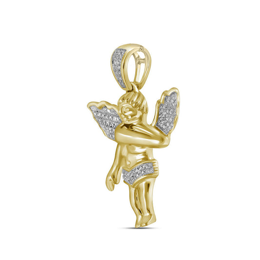 0.16 Ctw Natural Diamond Baby Angel Wings Religious Pendant in 10k Yellow Gold