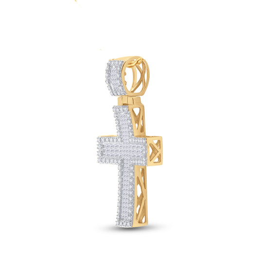0.95 Ctw Natural Diamond Cross Religious Pendant in 10k Yellow Gold
