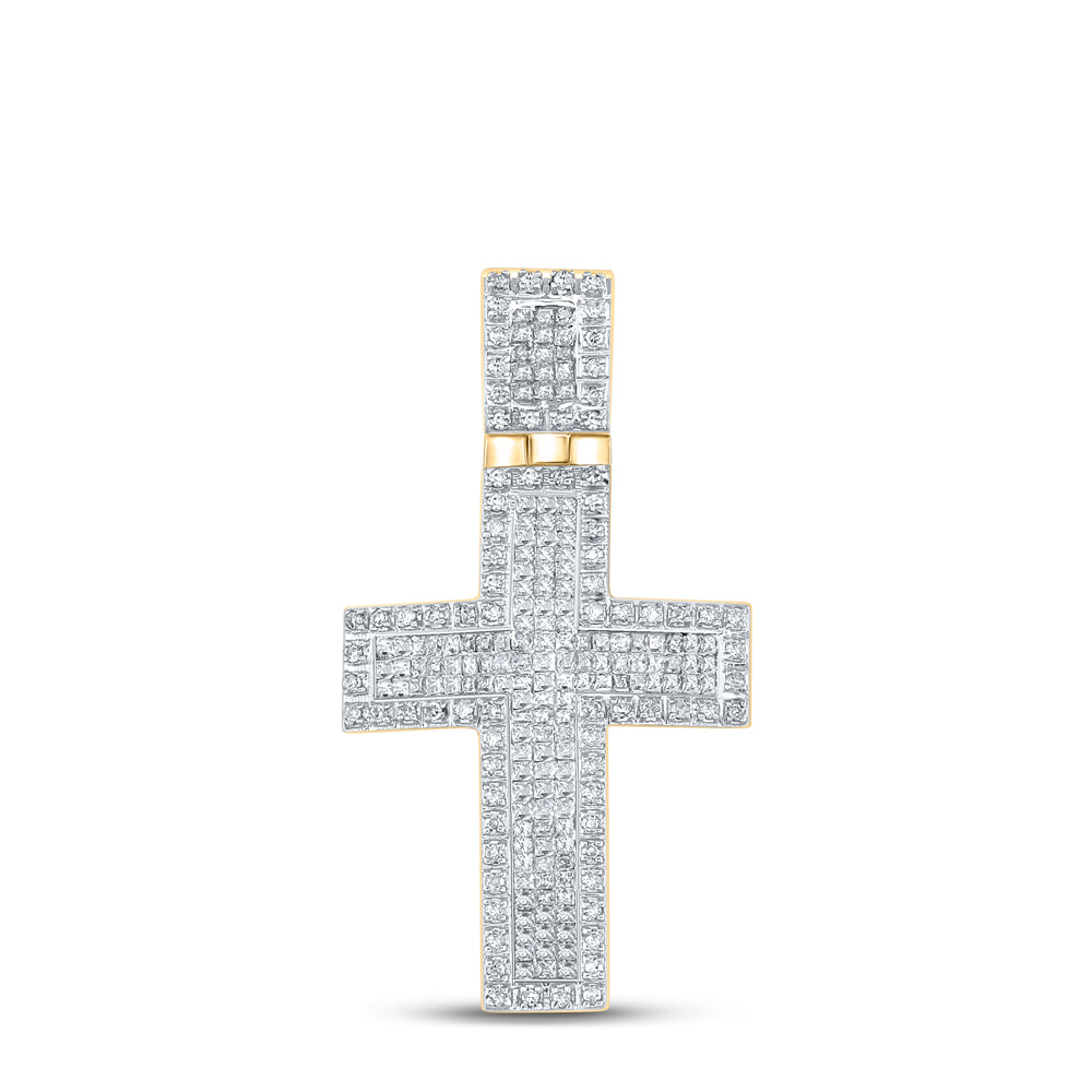 0.95 Ctw Natural Diamond Cluster Cross Religious Pendant in 10k Yellow Gold
