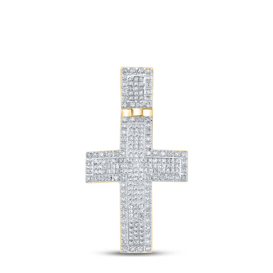 0.95 Ctw Natural Diamond Cluster Cross Religious Pendant in 10k Yellow Gold