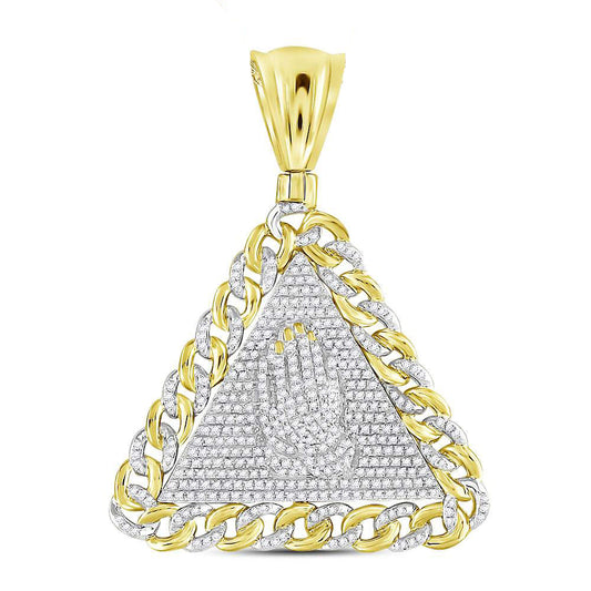1.1 Ctw Natural Diamond Pyramid Triangle Praying Hand Pendant in 10k Yellow Gold
