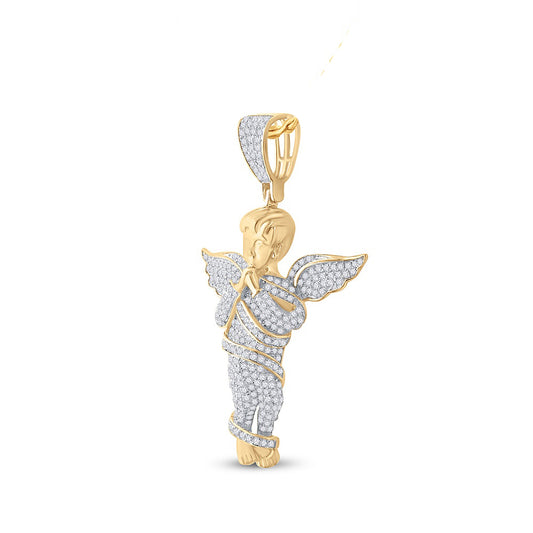 0.86 Ctw Natural Diamond Angel Wings Religious Pendant in 10k Yellow Gold