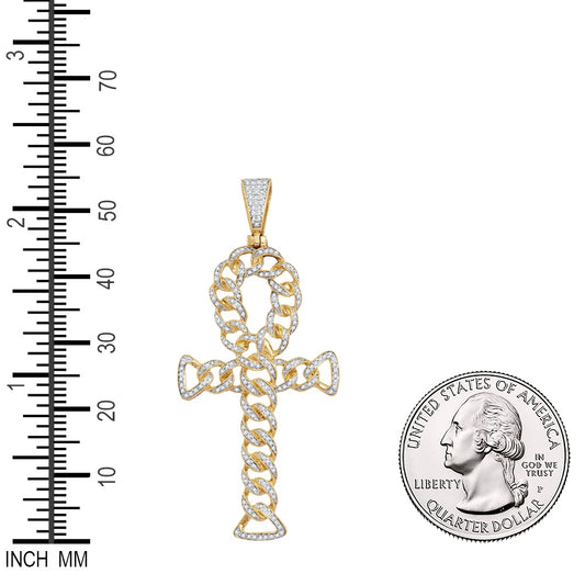 0.85 Ctw Natural Diamond Curb Link Ankh Pendant in 10k Yellow Gold