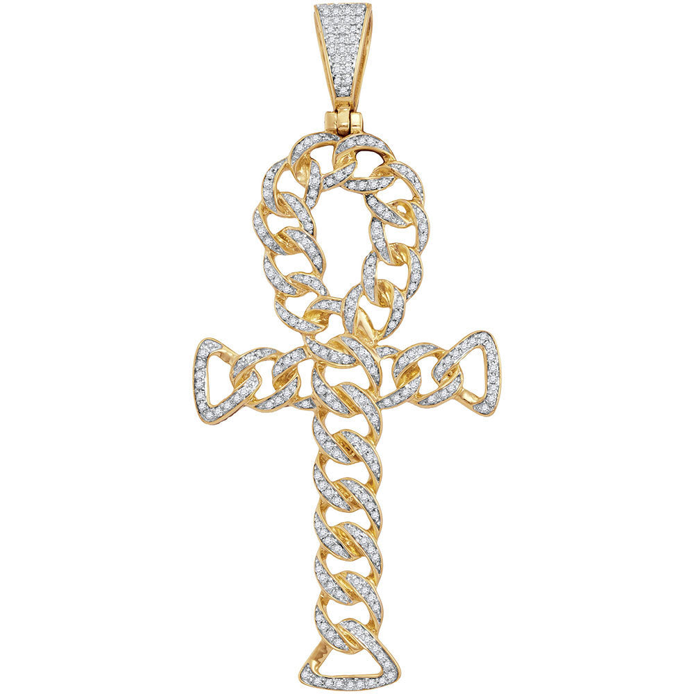 0.85 Ctw Natural Diamond Curb Link Ankh Pendant in 10k Yellow Gold