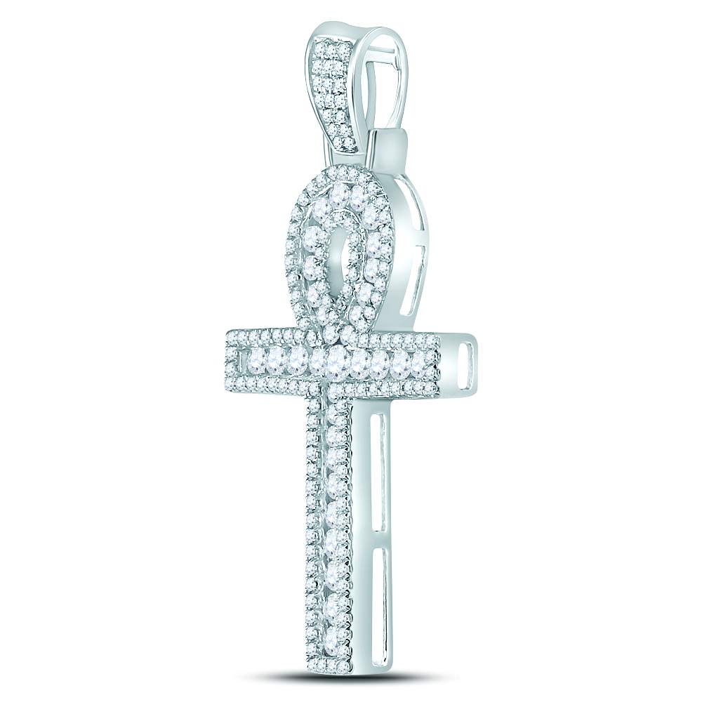1 Ctw Natural Diamond Ankh Charm Pendant in 10k White Gold