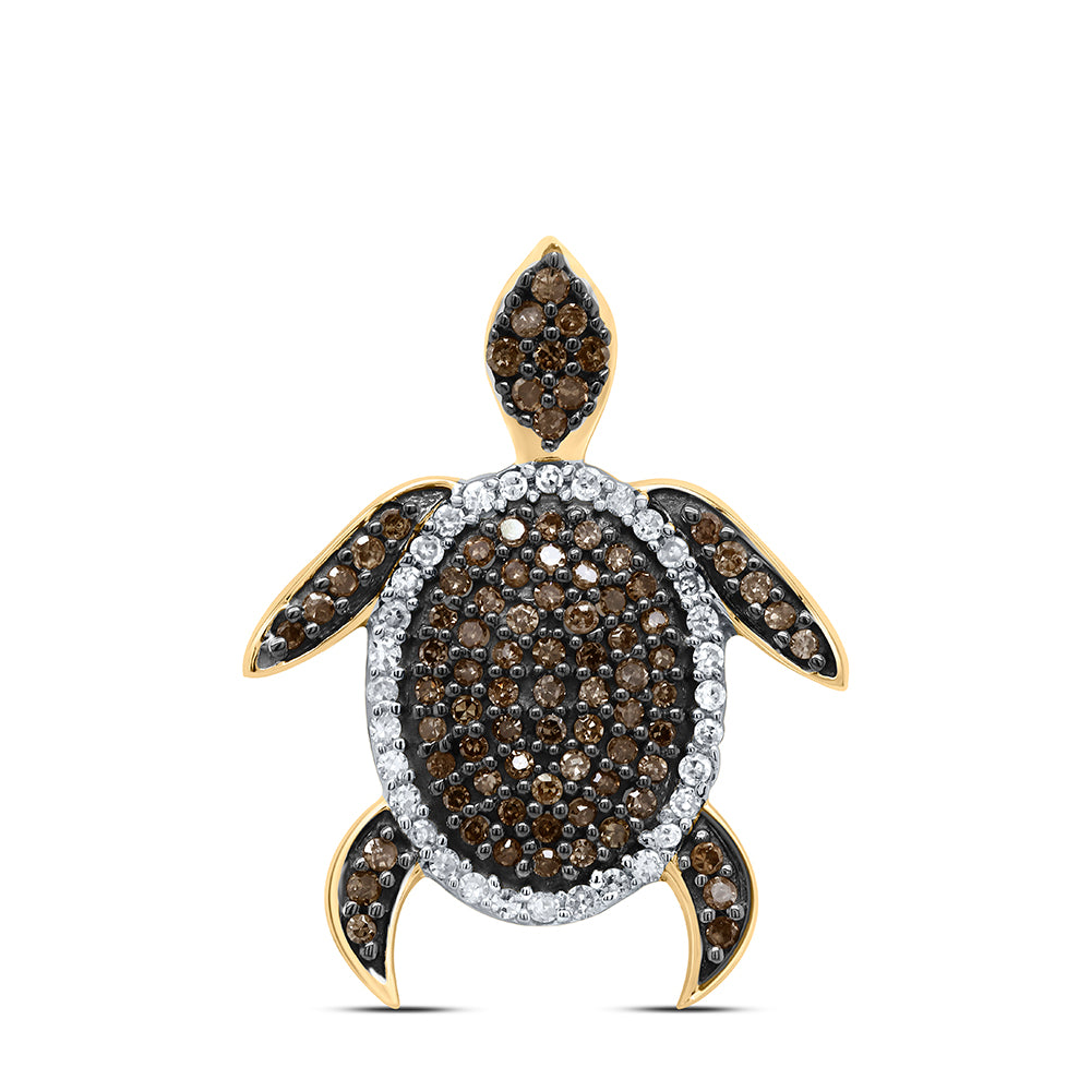 0.38 Ctw Natural Diamond Brown Turtle Animal Pendant in 10k Yellow Gold