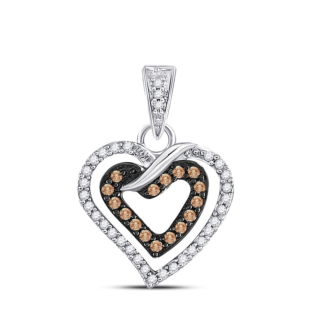 0.25 Ctw Natural Diamond Brown White Double Open Heart Pendant in 10k White Gold