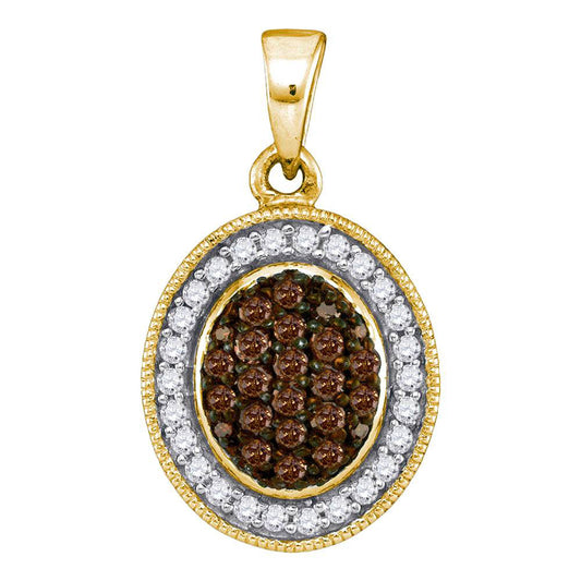 0.35 Ctw Natural Diamond Brown White Oval Pendant in 10k Yellow Gold