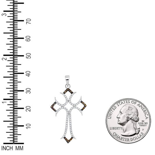 0.25 Ctw Natural Diamond Brown White Cross Religious Pendant in 10k White Gold
